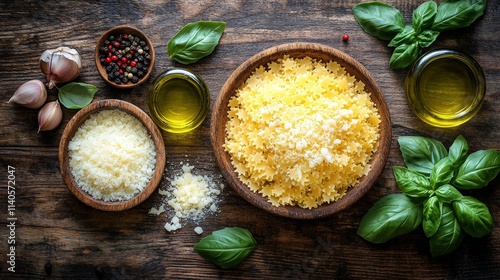 Spaghetti ingredients arranged on a rustic wooden table for a culinary prepar...