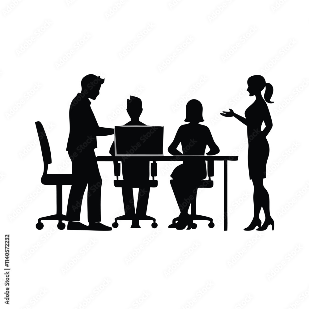 a black silhouette of three people in an office setting a black silhouette of three people in an office setting