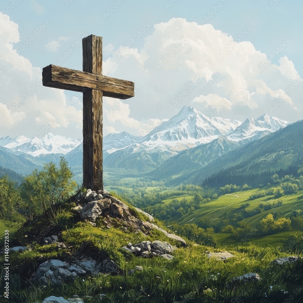 A rustic wooden cross stands atop a rocky mound, surrounded by lush green valleys and towering snow-capped mountains. A rustic wooden cross stands atop a rocky mound, surrounded by lush green valleys and towering snow-capped mountains.