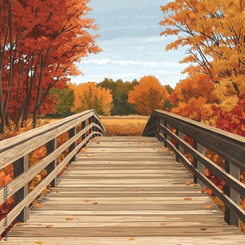 A serene wooden bridge surrounded by vibrant autumn foliage in shades of orange and yellow. A serene wooden bridge surrounded by vibrant autumn foliage in shades of orange and yellow.