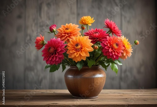 Wallpaper Mural Vintage dahlia blooms in a vase with a distressed wooden base, earthy tones, floral arrangement, distressed wood Torontodigital.ca