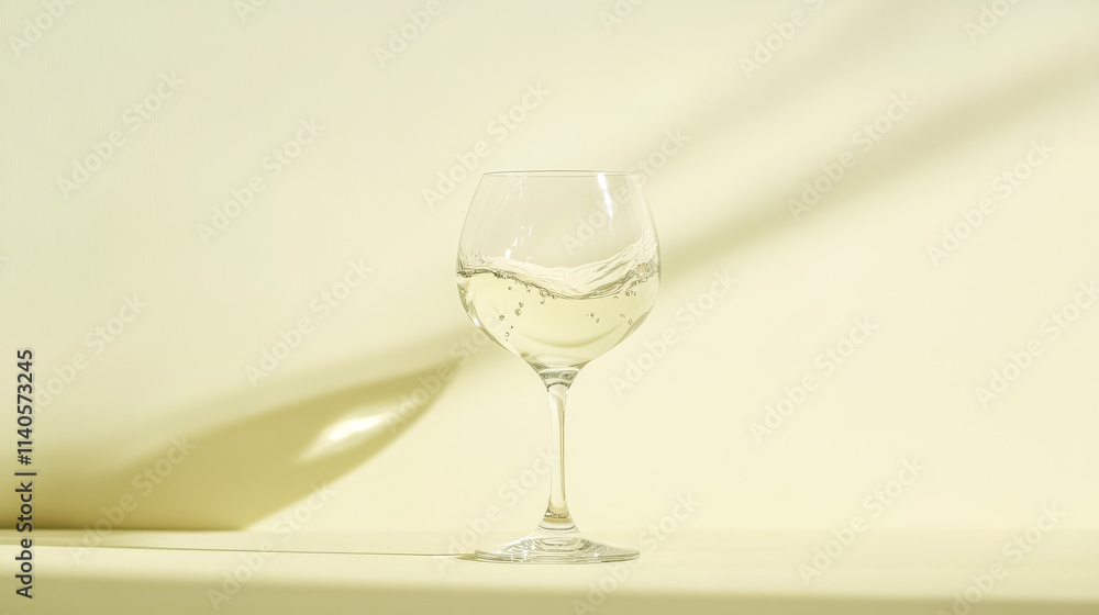 Wineglass with moving white wine on yellow background with shadow Wineglass with moving white wine on yellow background with shadow