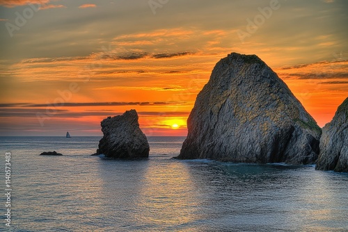 Kerry Ireland Seascape: Sunset on Dunquin Pier Harbor with Rock Stone Cliff photo