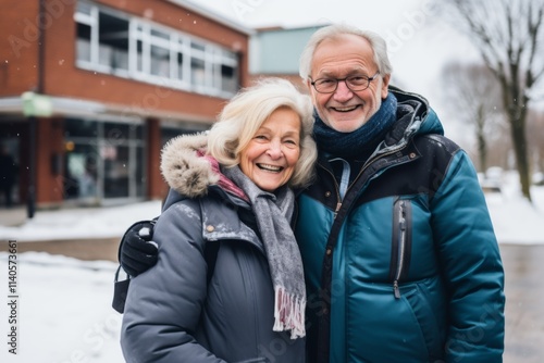 Portrait of a smiling group of American seniors in front of nursing home during winter