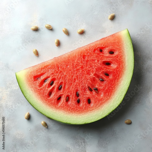 Fresh watermelon slice with vibrant red flesh and black seeds on a white back...