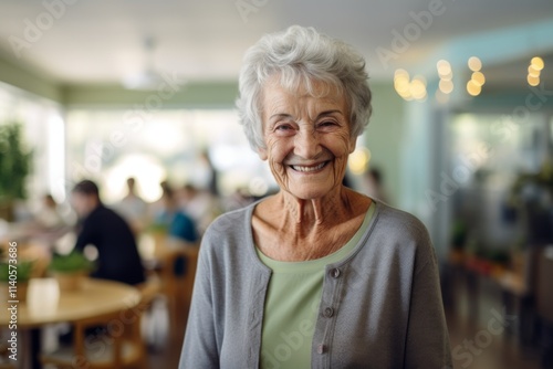 Portrait of a smiling American senior woman in front of nursing home