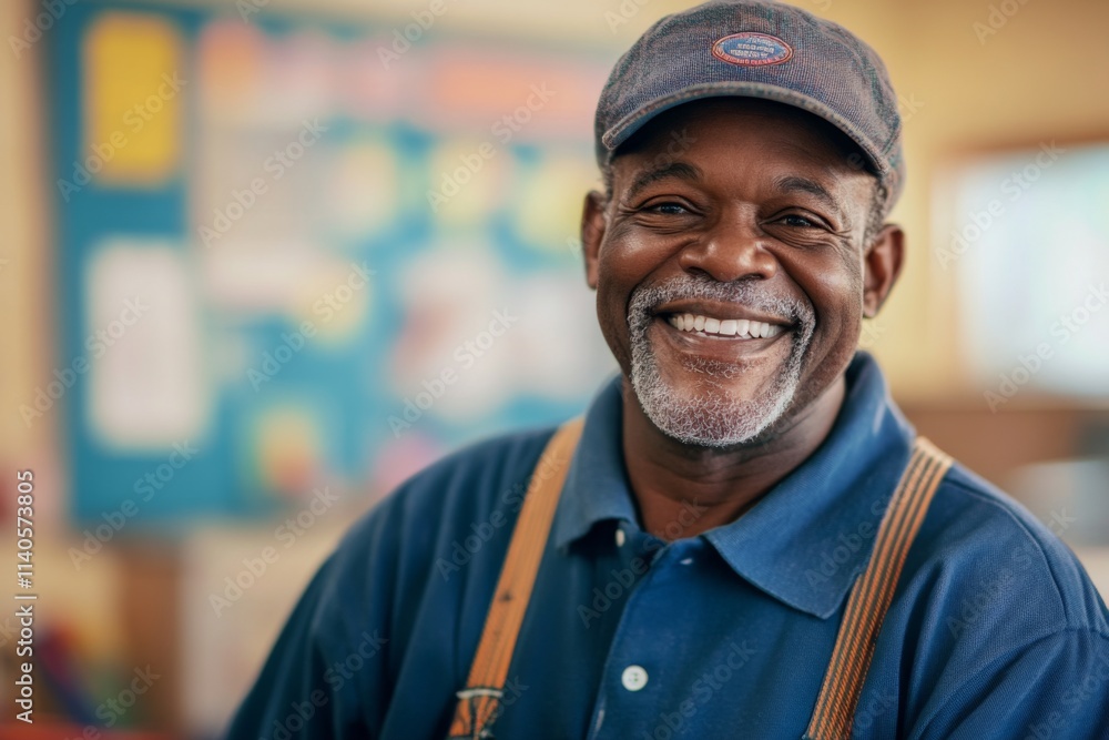 Portrait of a smiling African American school janitor in elementary school Portrait of a smiling African American school janitor in elementary school