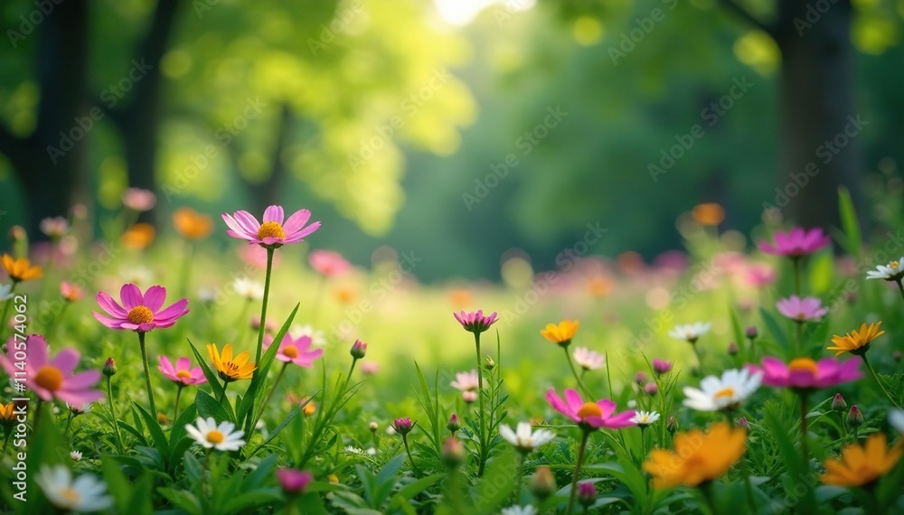 Wildflowers sway in gentle breeze amidst forest foliage, meadow, nature Wildflowers sway in gentle breeze amidst forest foliage, meadow, nature
