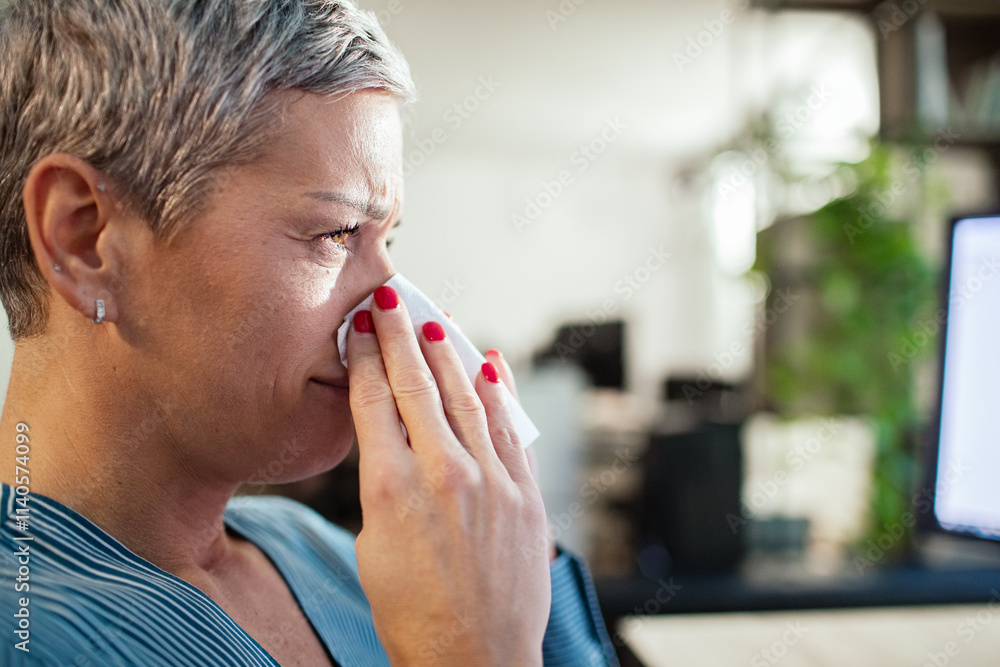 Close up of a professional woman blowing nose in modern office Close up of a professional woman blowing nose in modern office