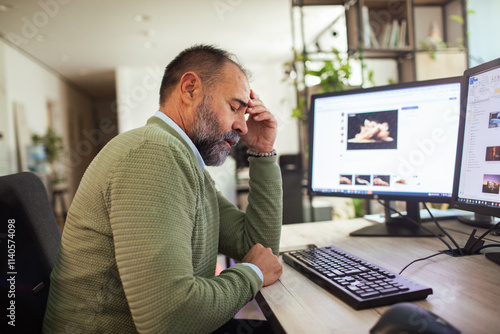 Stressed man in office sitting at desk with dual monitors