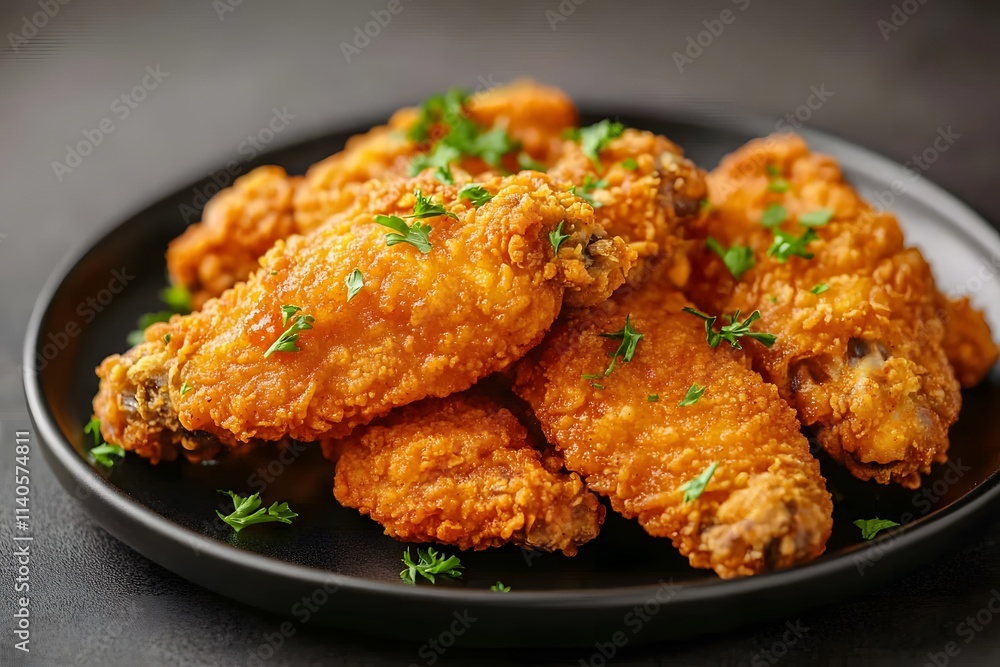 Fried chicken wings with hot sauce, garnished with fresh parsley on a black plate Fried chicken wings with hot sauce, garnished with fresh parsley on a black plate