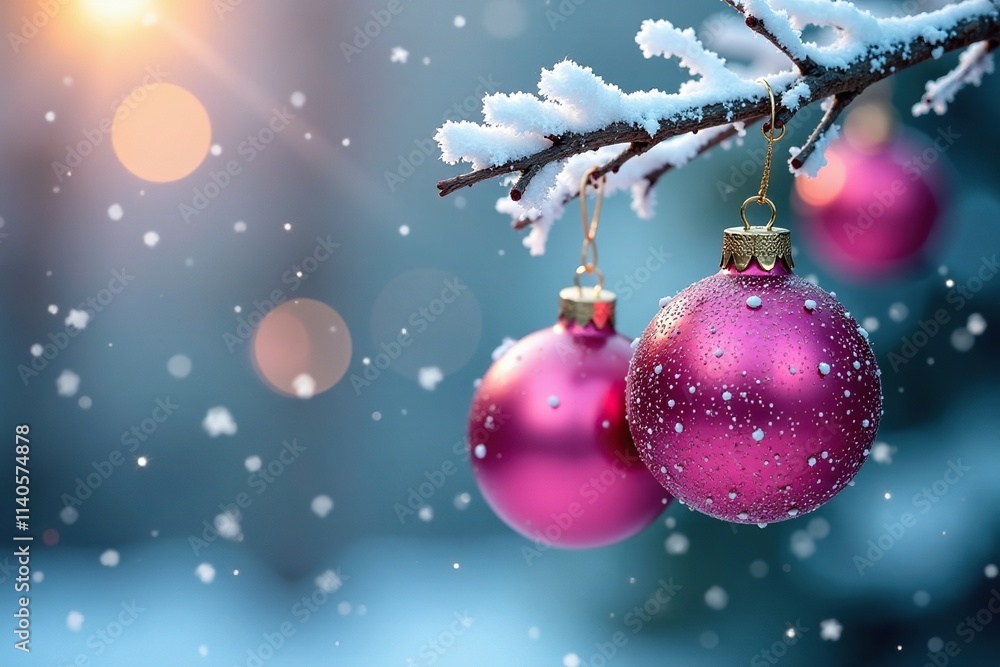 Glittering pink baubles hang from a frosted tree branch, snowflake, decoration, sparkle Glittering pink baubles hang from a frosted tree branch, snowflake, decoration, sparkle