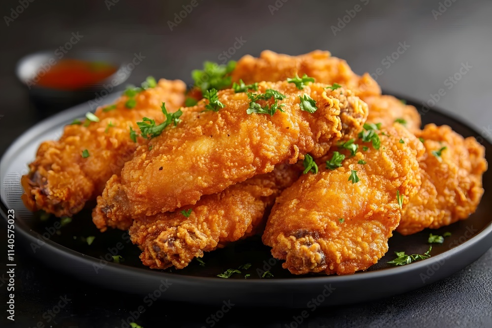 Fried chicken wings with hot sauce, garnished with fresh parsley on a black plate Fried chicken wings with hot sauce, garnished with fresh parsley on a black plate
