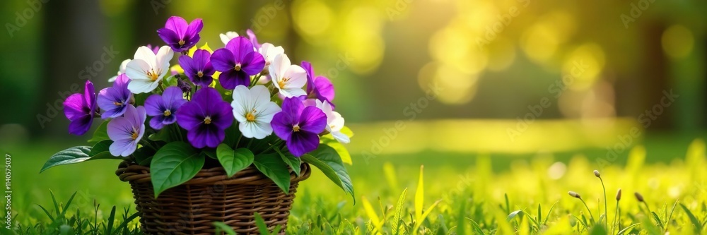 A delicate arrangement of multi-colored violets in a wicker container on a sunny meadow, botanical, flowers A delicate arrangement of multi-colored violets in a wicker container on a sunny meadow, botanical, flowers