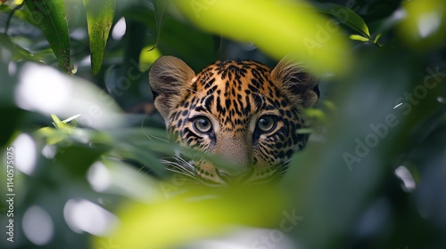 Beautiful jaguar emerges through dense green foliage in a tropical rainforest