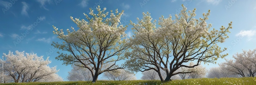 Whitebeam trees with blossoming branches against a clear blue sky, clear blue, nature, blossoms Whitebeam trees with blossoming branches against a clear blue sky, clear blue, nature, blossoms