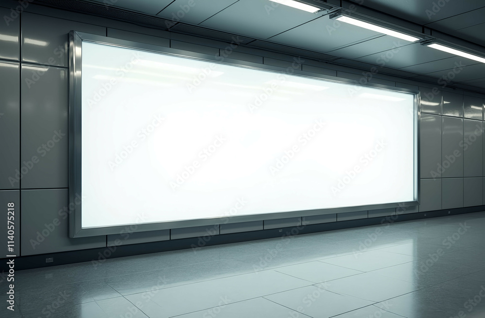 Copy space, A large poster frame, billboard with a white blank screen, mounted on the wall of a subway station, train underground station used for commercial and advertising Copy space, A large poster frame, billboard with a white blank screen, mounted on the wall of a subway station, train underground station used for commercial and advertising