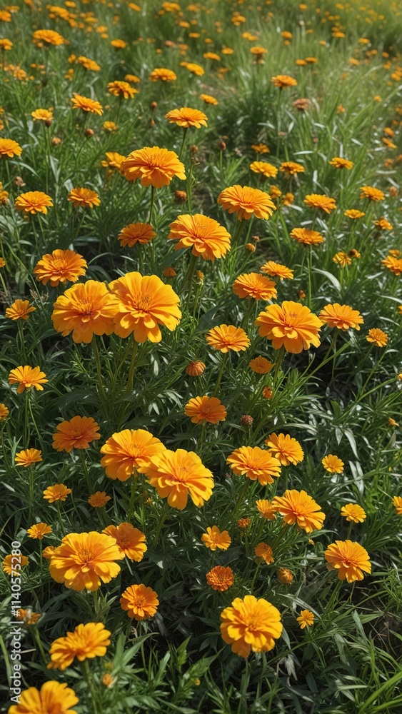 Obraz premium A large patch of marigolds growing in a sunny meadow with tall grasses , landscape, sun