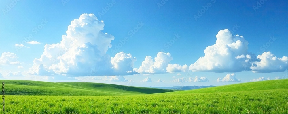 A peaceful landscape with puffy white cirrus clouds, blue, puffy A peaceful landscape with puffy white cirrus clouds, blue, puffy