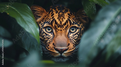 Beautiful jaguar emerges through dense green foliage in a tropical rainforest