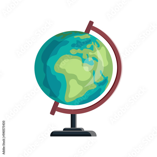 Globe of the planet Earth on a stand with a red and black base. A vector image of a globe in green and blue on a white isolated background. School supplies, school equipment, study guide,education.