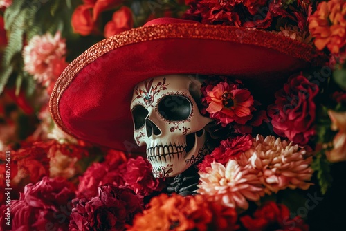 Traditional Mexican Theme Skull, Sombrero, Flowers for Dia de los Muertos suitable for business background, posters, wallpapers, banners, greeting cards, and advertising for business entities or brand photo