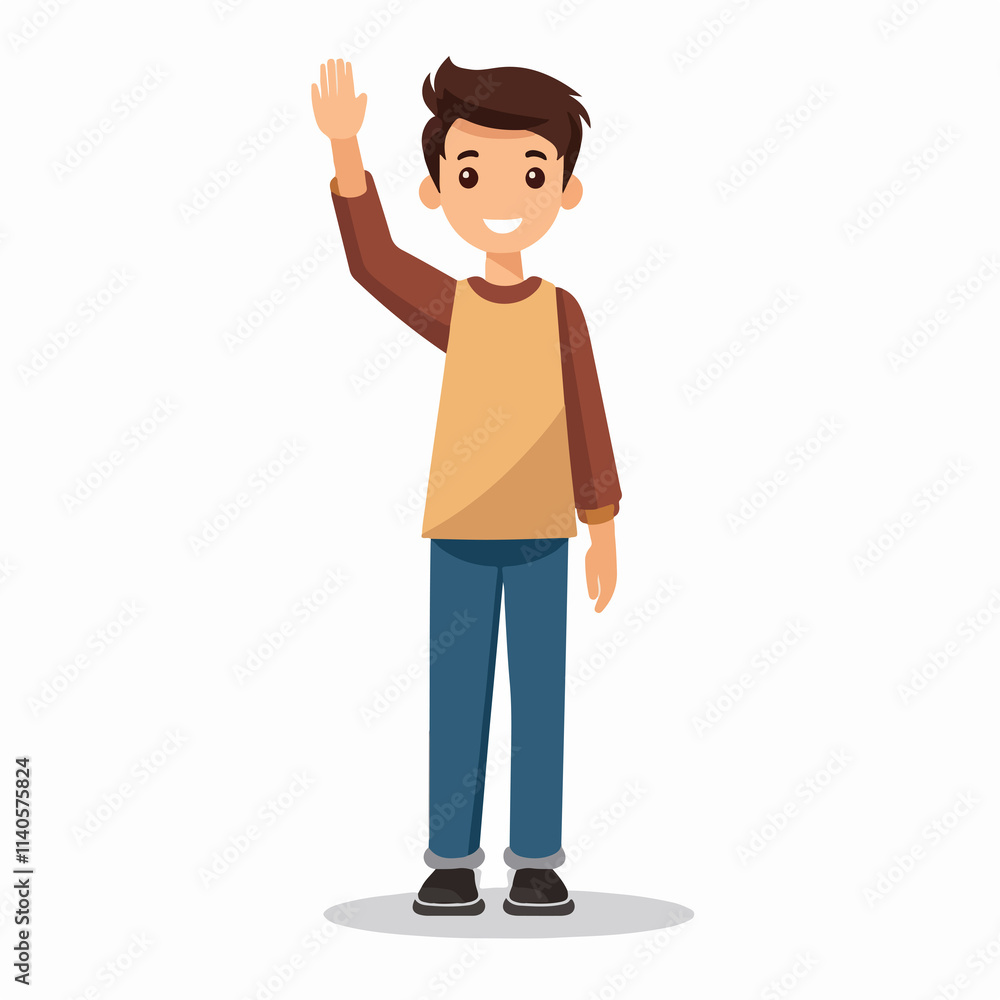 Young boy standing and waving icon on white background for use in designs Young boy standing and waving icon on white background for use in designs