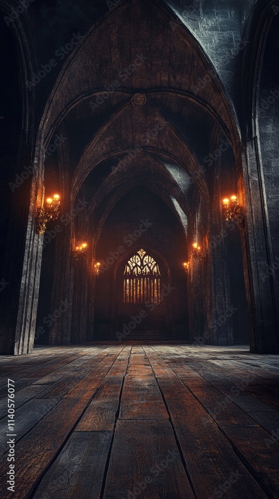 Empty gothic cathedral interior with wooden floor and stained glass window Empty gothic cathedral interior with wooden floor and stained glass window