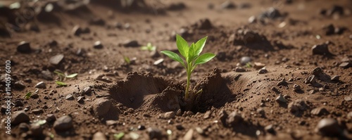 A tiny green sprout breaks through the topsoil's surface with a burst of fresh energy, verdant, new life, small