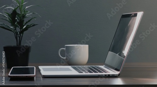 Sleek Laptop on Office Desk with Reflective Screen, Coffee Cup, Plants, and Smartphone, Gray Wall Background, Capturing Simplicity and Functionality in a Calm, Clear Business Environment
