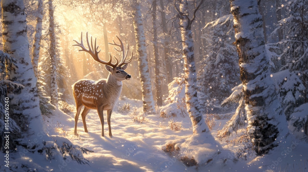 Majestic deer standing in snowy forest during golden hour Majestic deer standing in snowy forest during golden hour