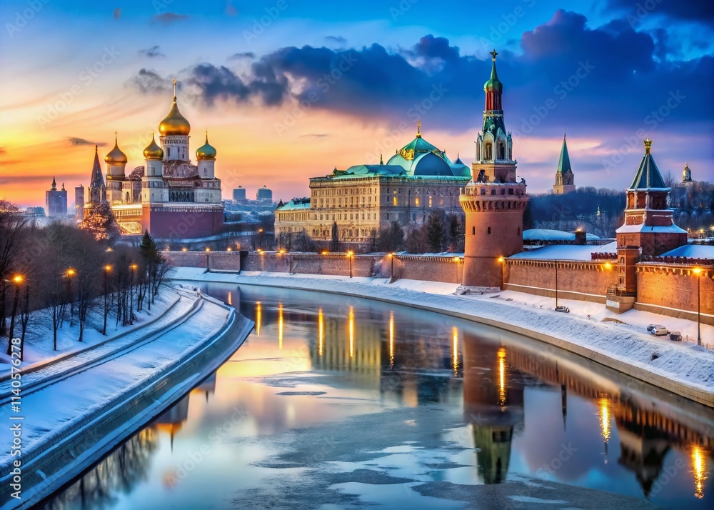 Obraz premium Moscow Winter Wonderland: Snowy Streets, Frozen River, Iconic Architecture, Cold Weather, Russian Capital, Winter Scenery, Christmas in Moscow, Red Square Snow, Kremlin Winter, Beautiful Snowy City