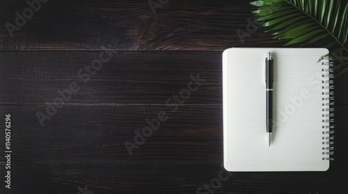 Notebook and Pen on Dark Wood Table for Writing or Note-Taking, Web Banner with Copy Space on Right, Ideal for Education and Business Themes
