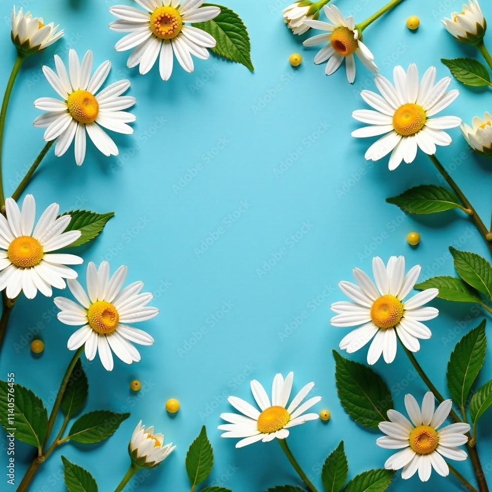 Blue background with pale chamomile flowers and green foliage, botanical, garden Blue background with pale chamomile flowers and green foliage, botanical, garden