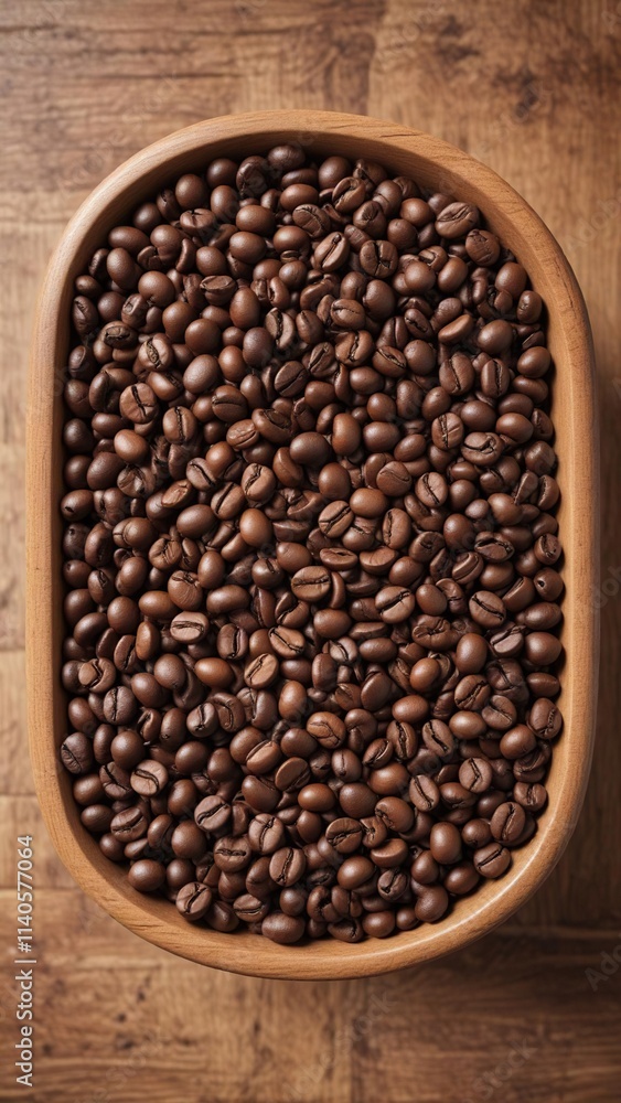 Coffee beans arranged in a decorative bowl on a wooden table, arrangement, earthy, centerpiece Coffee beans arranged in a decorative bowl on a wooden table, arrangement, earthy, centerpiece