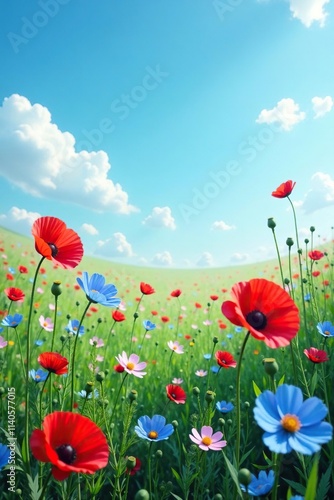 Light blue field with poppies, cornflowers, and cosmos, fields, bloom, cornflowers photo