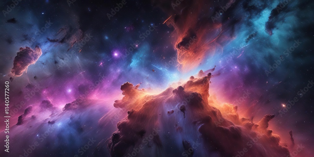 Cosmic background with vibrant colors of nebula and stars against the blackness of space, stardust, nebula