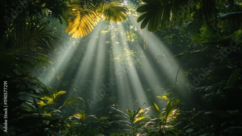 Sunlight filters through dense trees in a lush forest landscape during early ...