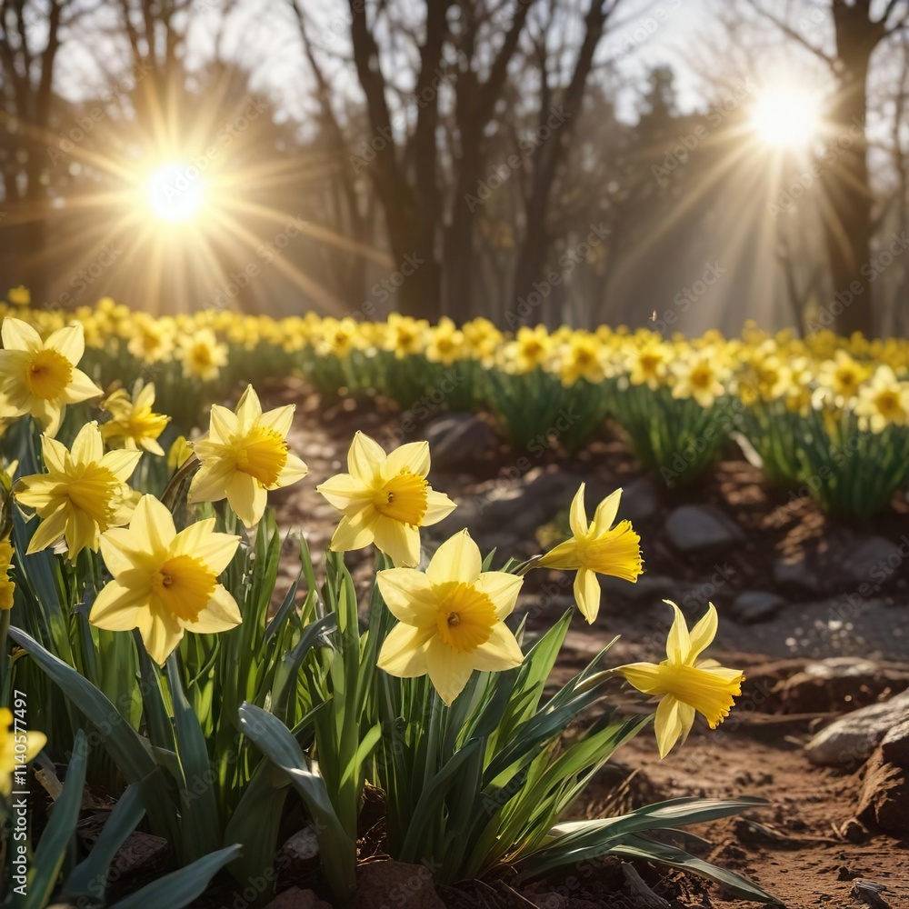 Obraz premium Daffodils swaying in a breeze with sunbeams and solar flares, solar flare, daffodil, glow
