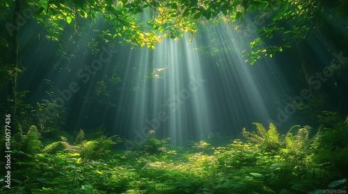 Sunlight filters through dense trees in a lush forest landscape during early ...