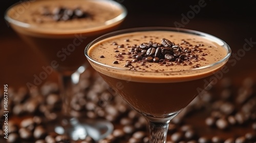 Rich chocolate dessert cocktails served in elegant glasses with coffee beans