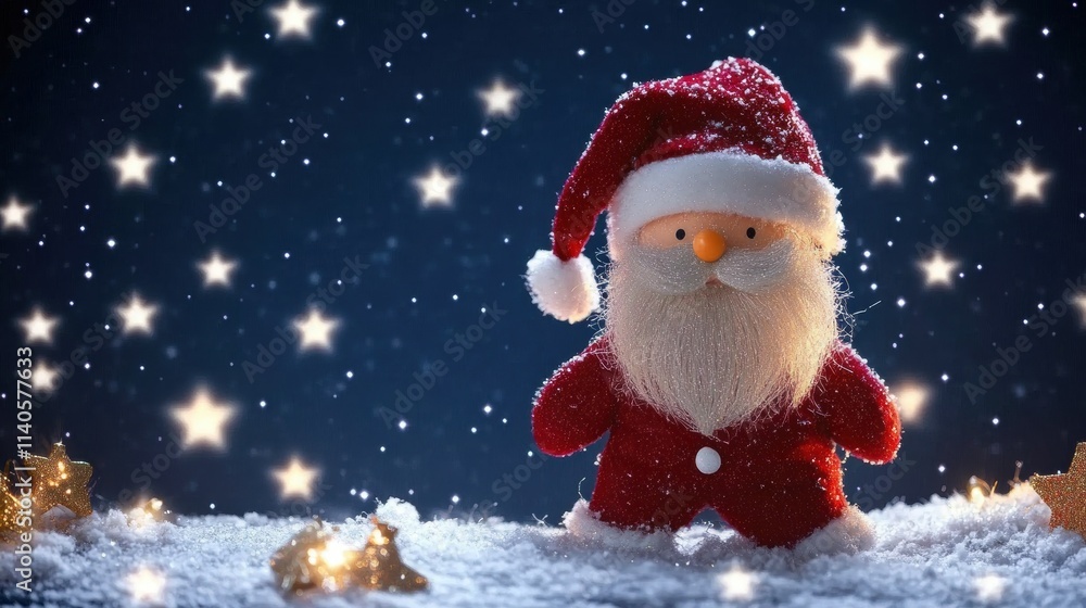A whimsical Santa figure stands in the snow, surrounded by sparkling stars, embodying the festive spirit of Christmas. A whimsical Santa figure stands in the snow, surrounded by sparkling stars, embodying the festive spirit of Christmas.
