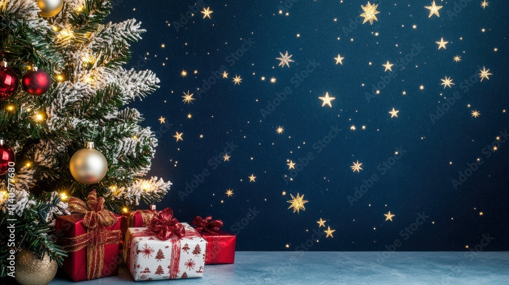 A festive Christmas scene featuring a decorated tree, colorful ornaments, and beautifully wrapped gifts against a starry backdrop. A festive Christmas scene featuring a decorated tree, colorful ornaments, and beautifully wrapped gifts against a starry backdrop.