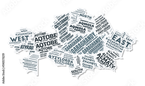 Kazakhstan shape text cloud. Country border with shadow on white background. Kazakhstan with regions division in vintage gazette style. Creative vector illustration.