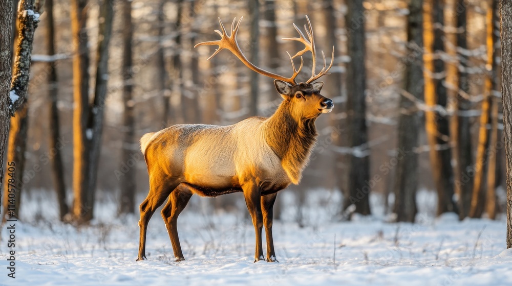 Fototapeta premium A majestic deer stands in a snow-covered forest, illuminated by warm sunlight filtering through the trees, showcasing its impressive antlers.