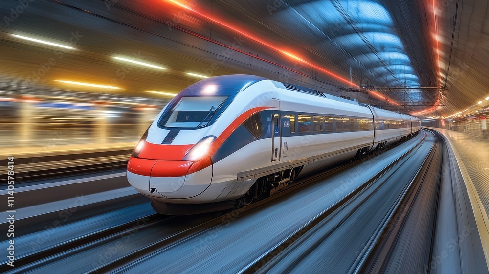 A high-speed train moving at lightning speed through a city tunnel, with overhead lights creating a dynamic blur effect A high-speed train moving at lightning speed through a city tunnel, with overhead lights creating a dynamic blur effect