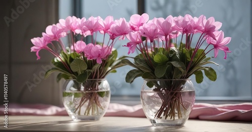 Wallpaper Mural delicate pink cyclamen flowers in a clear glass vase, floral arrangement, spring bouquet, pink cyclamen flowers Torontodigital.ca