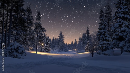 A serene winter night scene with snow-covered trees under a starlit sky, illuminated by a soft glow in the distance. photo