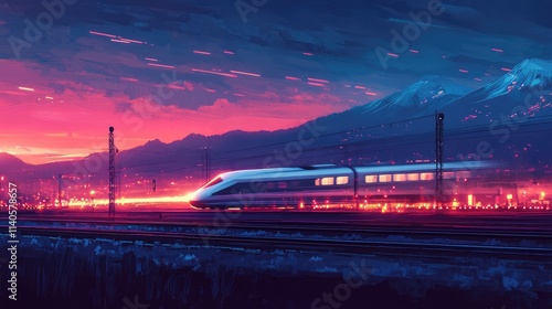 A high-speed train moving quickly at night, with glowing streetlights and the faint silhouette of mountains in the distance