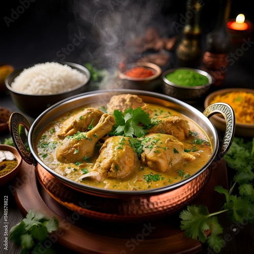 Traditional Indian feast unfolds around a steaming handi of chicken, its creamy sauce a canv photo